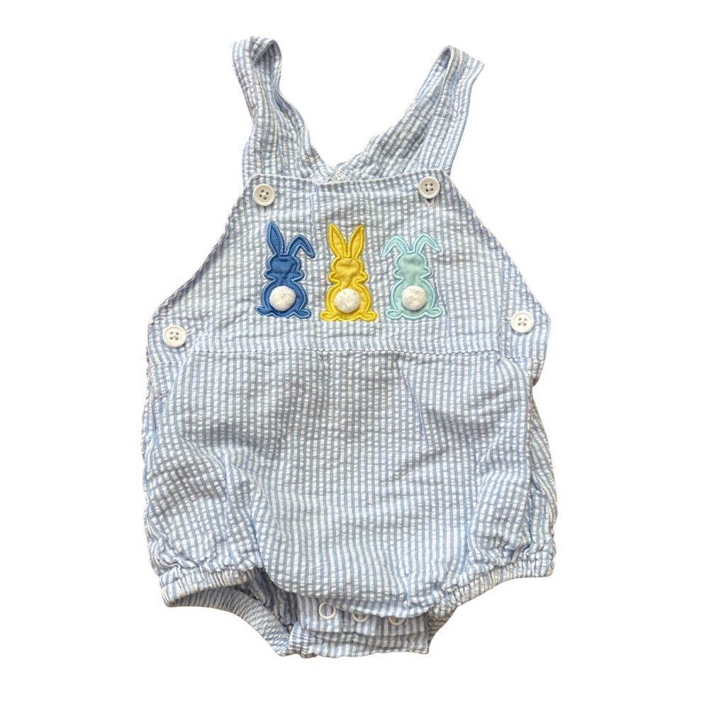 Baby Starters Romper Baby Blue Seersucker Bunny Easter Sunsuit SIZE 9m